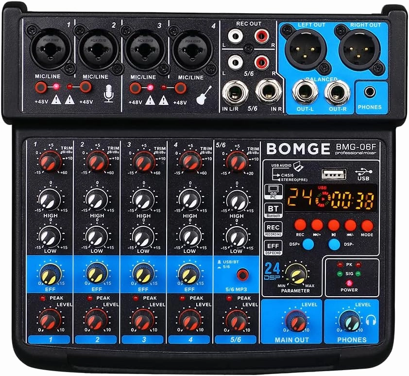 BOMGE 6 Channel mini DJ Audio sound mixer console with USB interface, Bluetooth, Stereo Recording, 48V Phantom Power, 24 DSP effects for karaoke, singing, livestreamingpc recroding. (black) mixer console,audio mixing desk,DJ console,