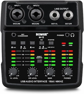BOMGE M12 USB Audio Interface, 2-Channel Mixer, XLR/3.5mm Input, 48V Power Supply, Sound Card for PC Recording, Studio, Live Show, Karaoke, Plug&Play audio interface,USB interface,music recording input,