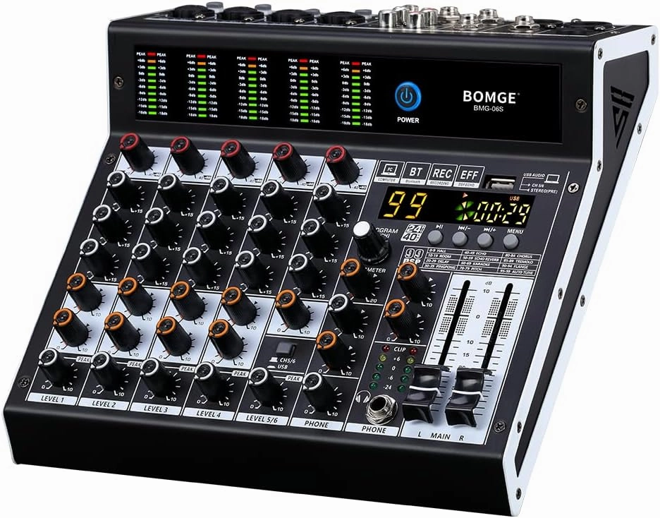 BOMGE Professional audio mixer 6 Channel Mixing Console with 99 DSP Effect, 48V Phantom, Bluetooth,USB Interface.2 AUX.FX Processor for studio recording & Live Performances mixer console,audio mixing desk,DJ console,