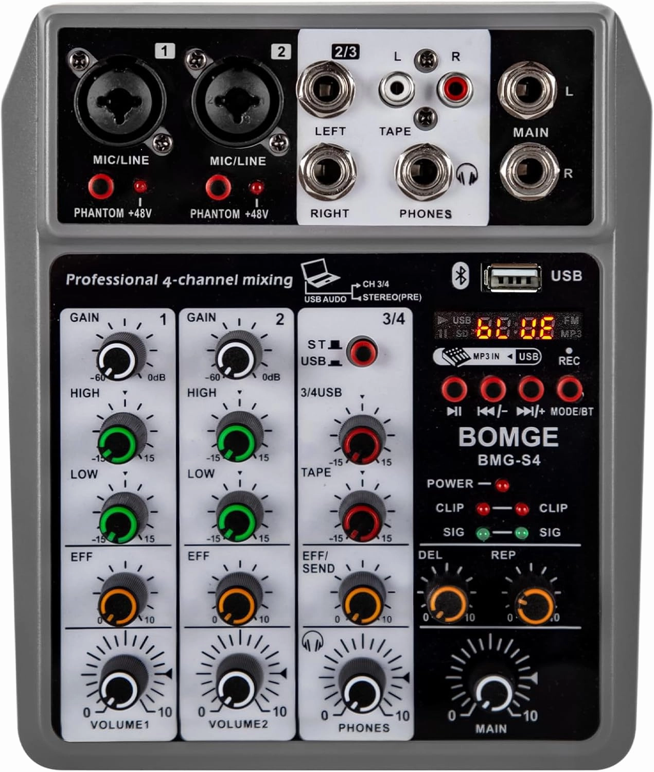 BOMGE Professional Audio Mixer, Sound Board Mixing Console with 4 Channel Digital USB Bluetooth Echo Delay Effect, Input 48V Phantom Power Stereo DJ Mixers for Recording, Live Streaming, Podcasting mixer console,audio mixing desk,DJ console,