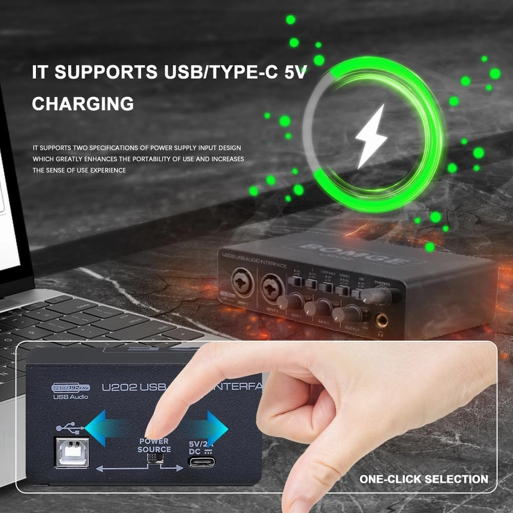 BOMGE U202 USB Audio Interface with Mic Preamplifier XLR/TSR/TS Ports,48V,32-Bit/192kHz Resolution fro computer recording,Streaming,Podcasting