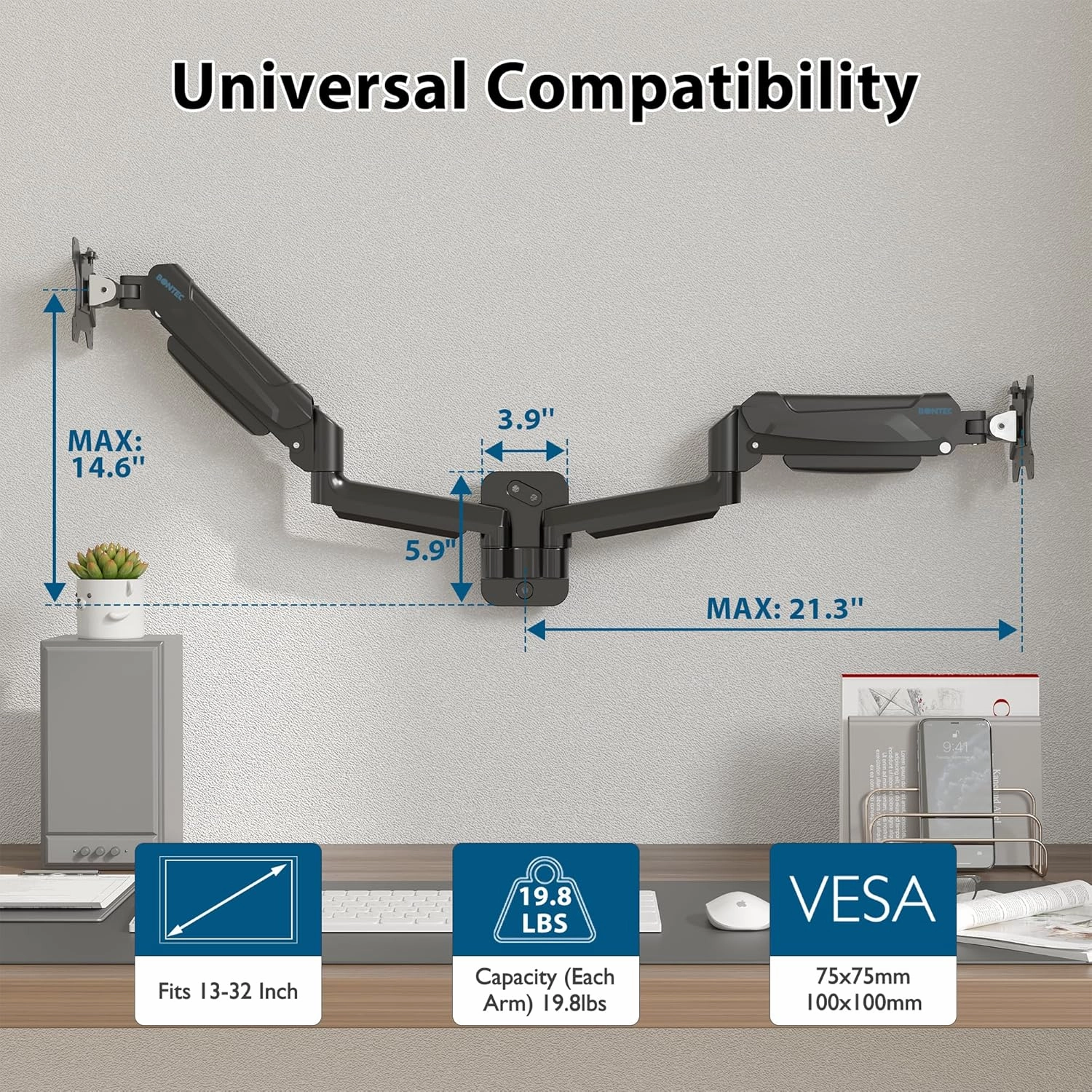 BONTEC Dual Monitor Wall Mount for 13-32 Inch Screens, Height Adjustable Gas Spring Arm with Tilt, Swivel & Rotate, Hold Up to 19.8 lbs, Fully Adjustable, Office & Home Use, VESA 75x75/100x100