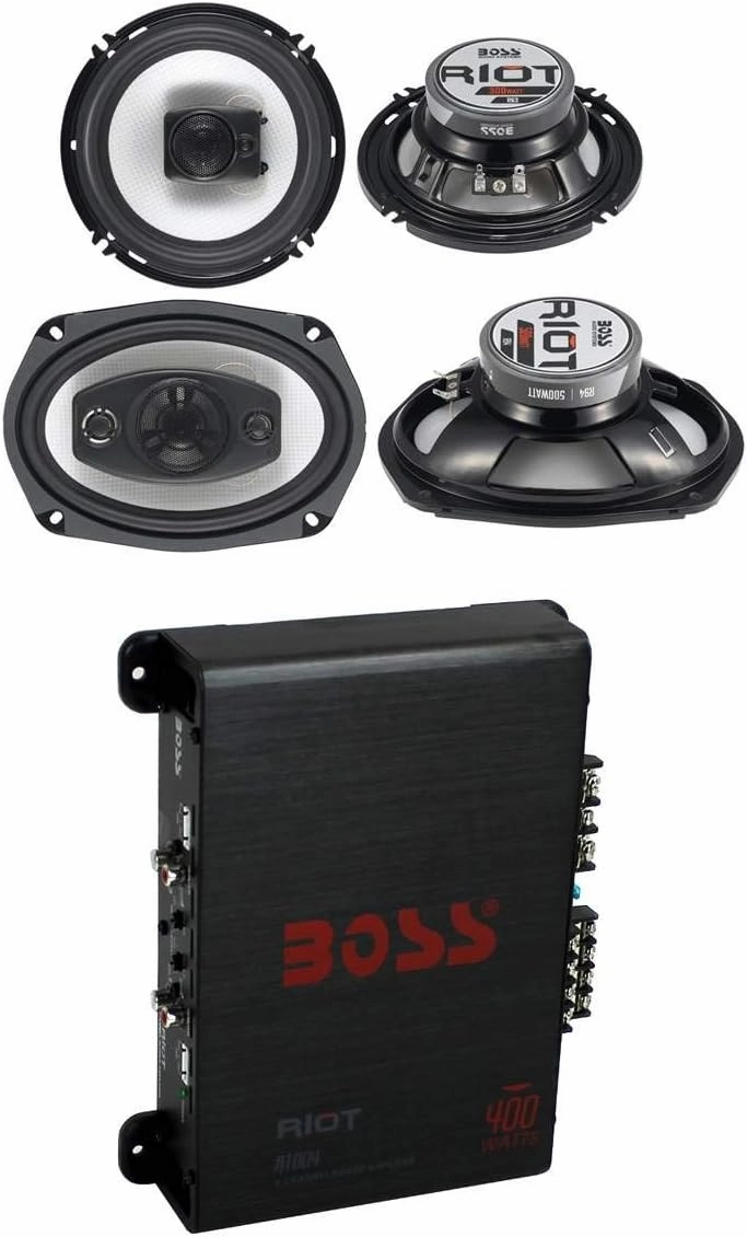 Boss 2 R63 Riot 6.5 Inch 300W 3 Way Car Speaker & 2 R94 6x9 Inch 500W 4 Way Car Audio Speakers & R1004 400W 4-Channel RIOT Car Audio Power Amplifier power amplifier,stereo amp,hi-fi power amp,