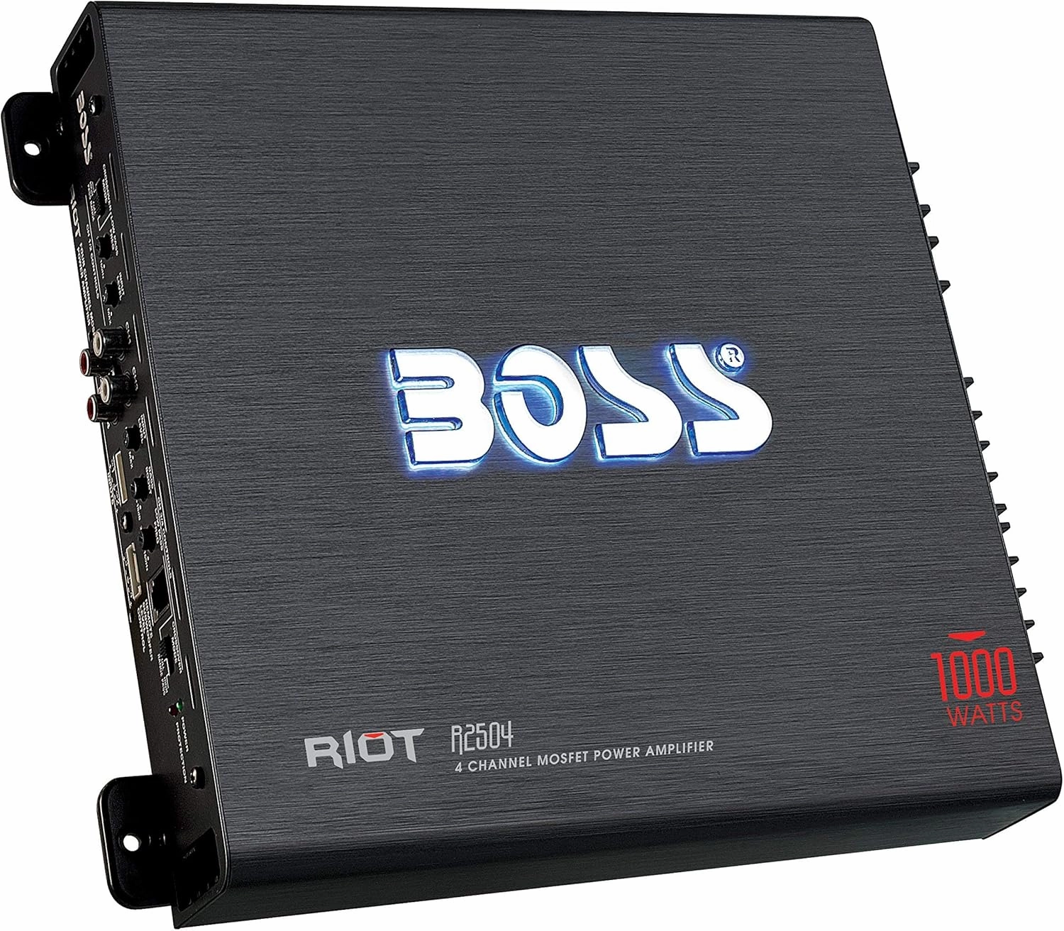 BOSS Audio Systems R2504 Riot Series Car Audio Stereo Subwoofer Amplifier - 1000 High Output, 4 Channel, Class A/B, 2/4 Ohm, High/Low Level Inputs, High/Low Pass Crossover, Bridgeable, Full Range