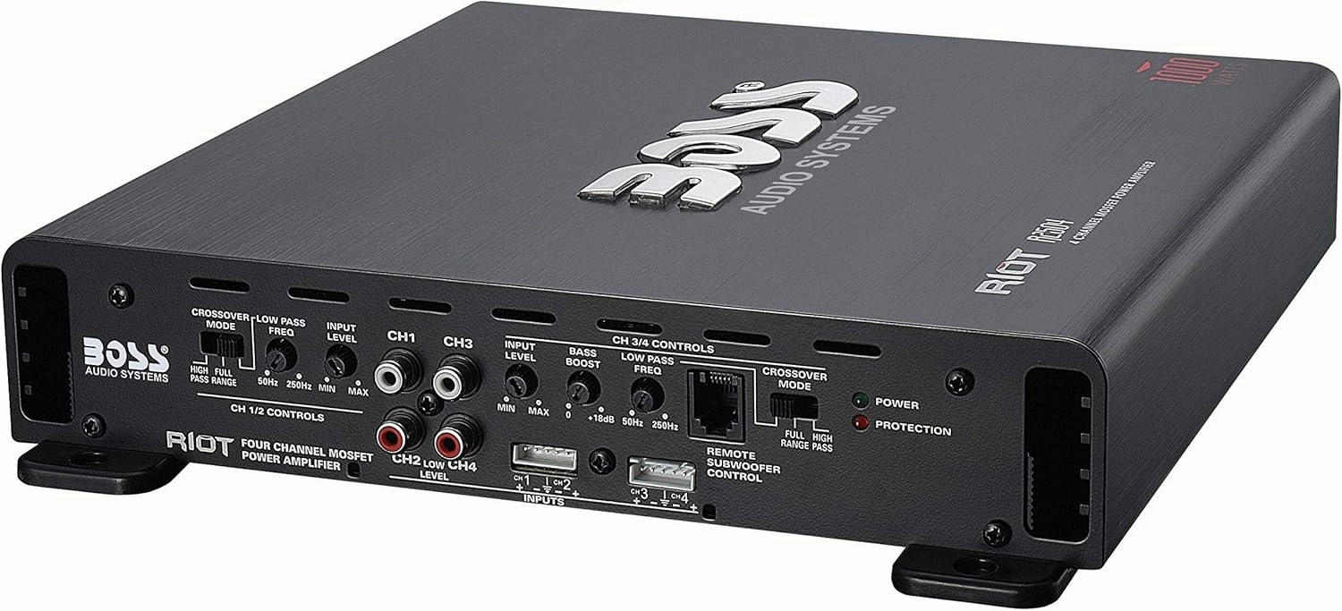 BOSS Audio Systems R2504 Riot Series Car Audio Stereo Subwoofer Amplifier - 1000 High Output, 4 Channel, Class A/B, 2/4 Ohm, High/Low Level Inputs, High/Low Pass Crossover, Bridgeable, Full Range