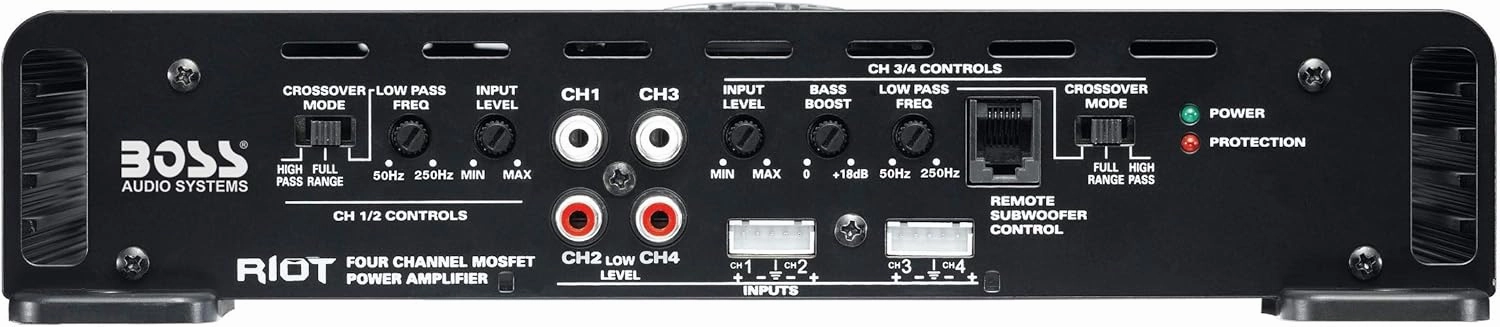 BOSS Audio Systems R2504 Riot Series Car Audio Stereo Subwoofer Amplifier - 1000 High Output, 4 Channel, Class A/B, 2/4 Ohm, High/Low Level Inputs, High/Low Pass Crossover, Bridgeable, Full Range