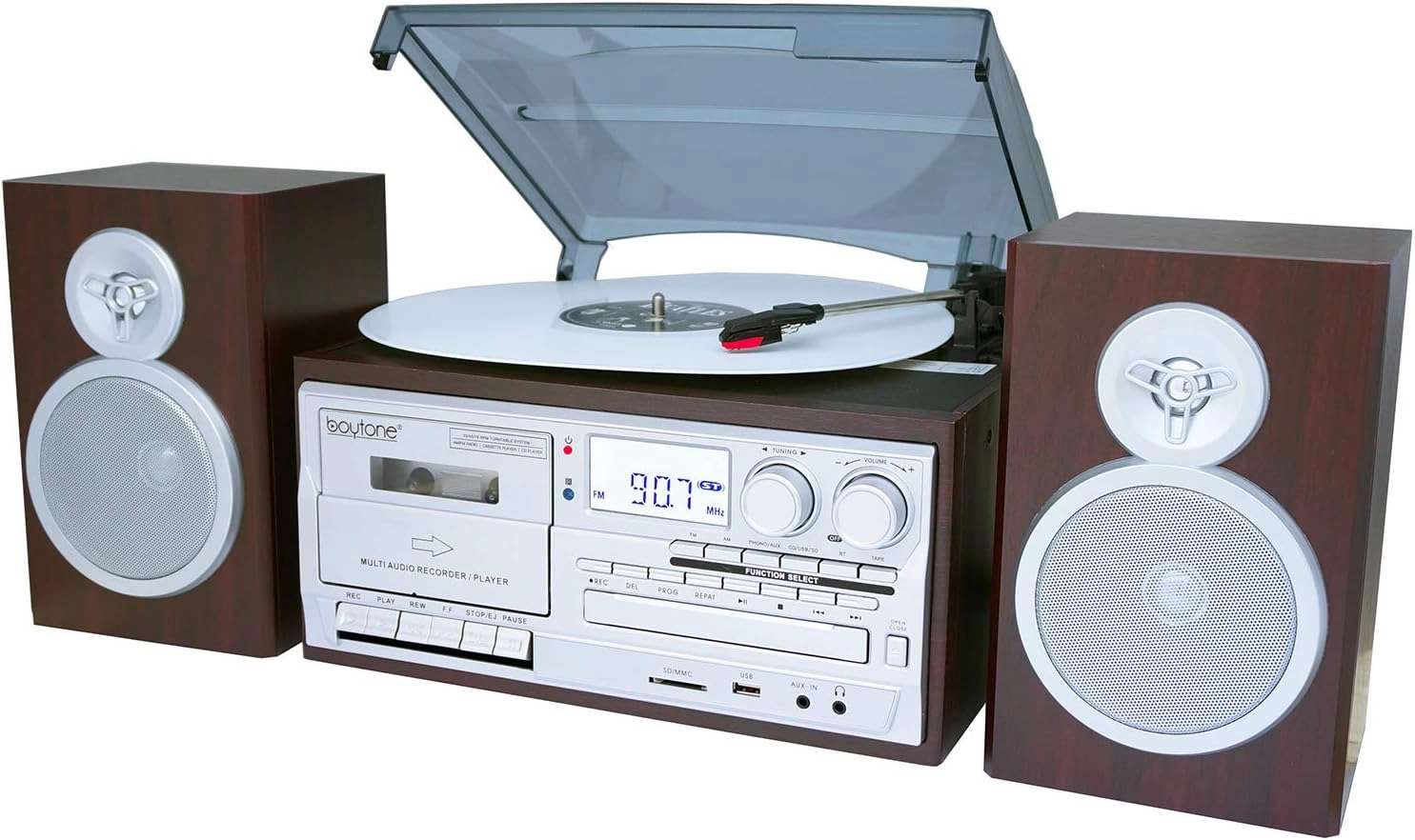 Boytone BT-28SPS Bluetooth Classic Style Record Player Turntable with AM/FM Radio, Cassette Player, CD Player, 2 Separate Stereo Speakers, Record Vinyl, Radio, Cassette to MP3 SD Slot USB, AUX Silver direct-drive turntable,DJ turntable,hi-torque vinyl deck