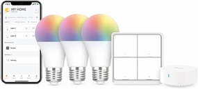 Broadlink Smart Bulbs Starter Kit - 3 A19 FastCon Color Changing Light Bulbs with Music Sync, 1 Wireless Scene Switch and Hub Included, 16 Million Colors, Works with Alexa, Google Home, 5 Piece Set smart audio hub,voice control speaker,Alexa compatible aud