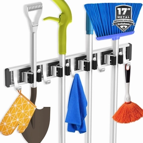 Broom Holder Wall Mount Mop and Broom Hanger Wall Mounted Garage Storage Rack Kitchen Garden Tool Organizer (4 Racks with 5 Hooks, Black) speaker wall mount,audio bracket,AV wall mounting,