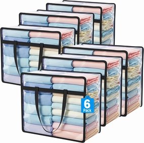 Budding Joy 6 Pack Clear Zippered Storage Bags for Clothes,40L Closet Organizers and Storage Containers Vinyl Moving Bag for Bedding, Linen, Blankets, Comforters, Clothing & Toys, Black vinyl storage,record holder,LP organizer,