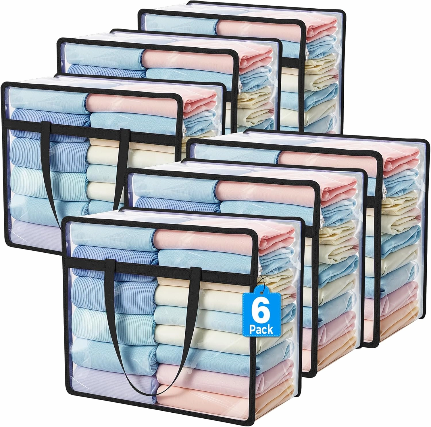 Budding Joy 6 Pack Clear Zippered Storage Bags for Clothes,40L Closet Organizers and Storage Containers Vinyl Moving Bag for Bedding, Linen, Blankets, Comforters, Clothing & Toys, Black vinyl storage,record holder,LP organizer,