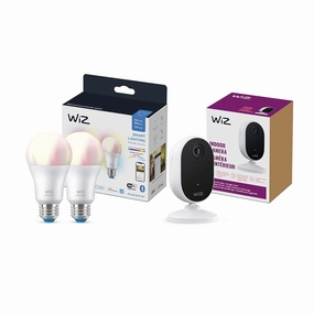 Bundle of WiZ Indoor Security Camera, 1080p HD Video with Motion Detection and Full-Duplex Audio and WiZ Connected 2-Pack Color 60W A19 Smart WiFi Light Bulb, No Hub Required smart audio hub,voice control speaker,Alexa compatible audio,