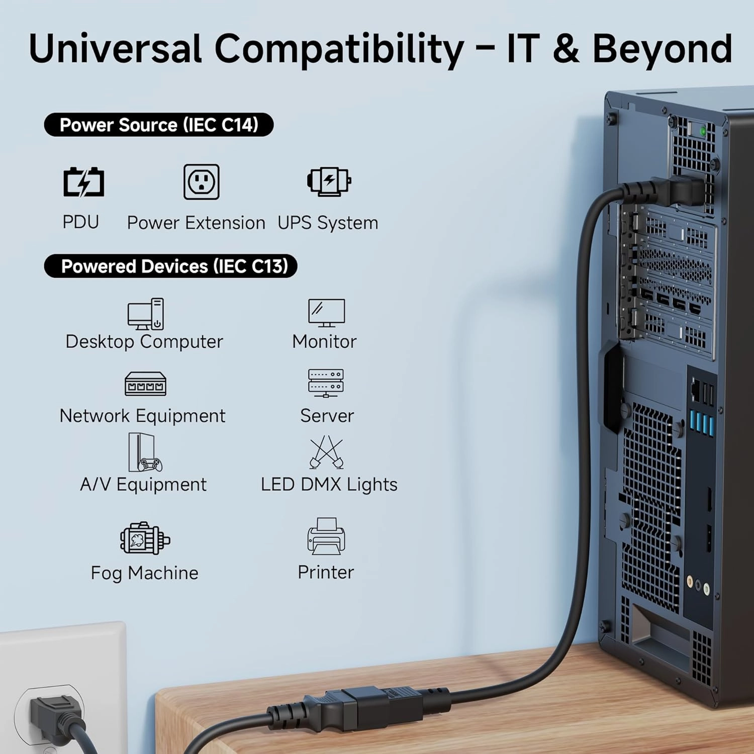 Cable Matters 2-Pack Computer to PDU Power Extension Cord - 6ft, IEC C14 to IEC C13 PDU Power Cord, 10A, 18AWG, Black