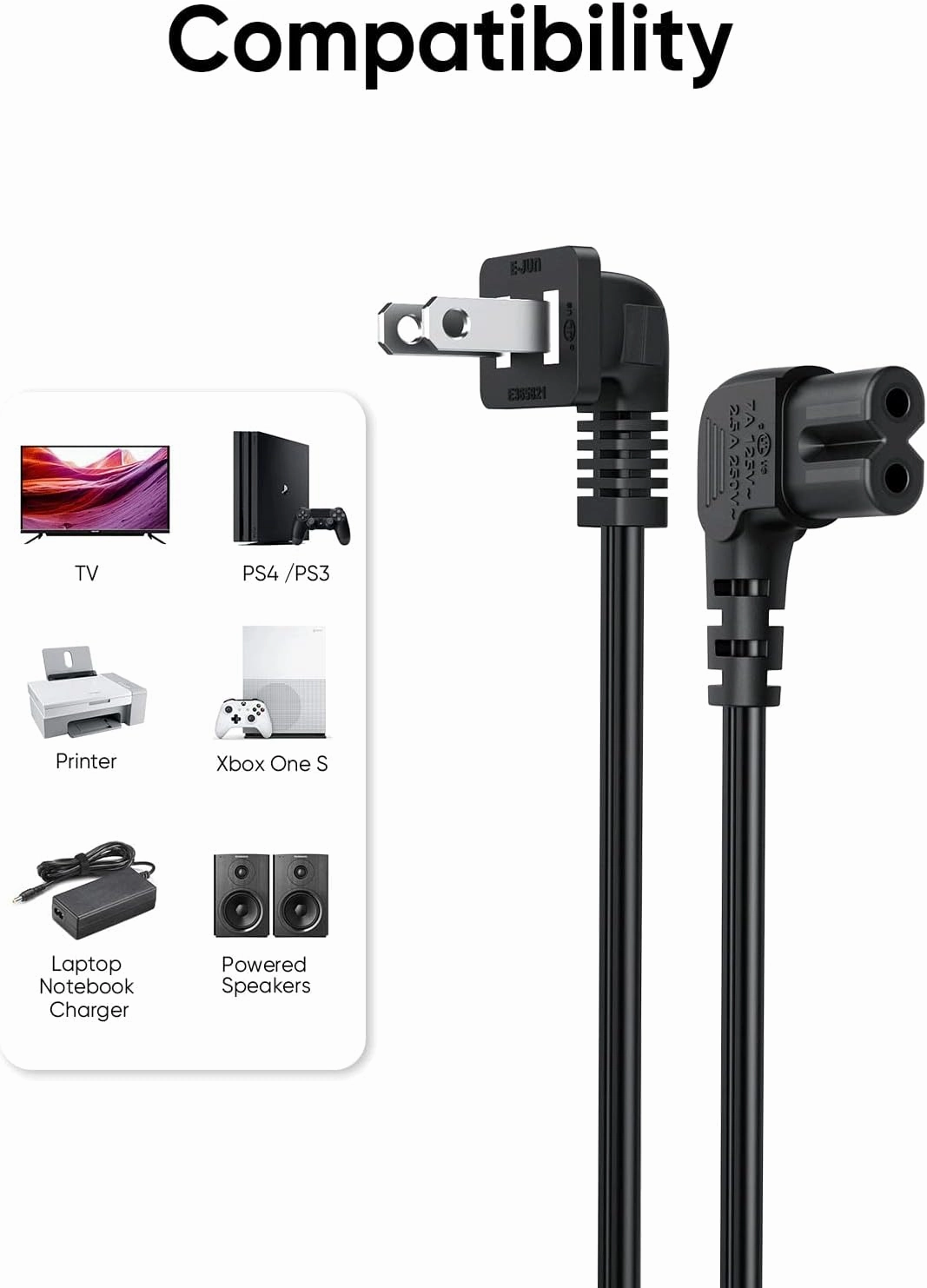 CableCreation 10 Feet 18 AWG Angled 2-Slot Non-Polarized Angle Power Cord for Samsung TV LG TCL Replacement (IEC320 C7 to Nema 1-15P), 3M