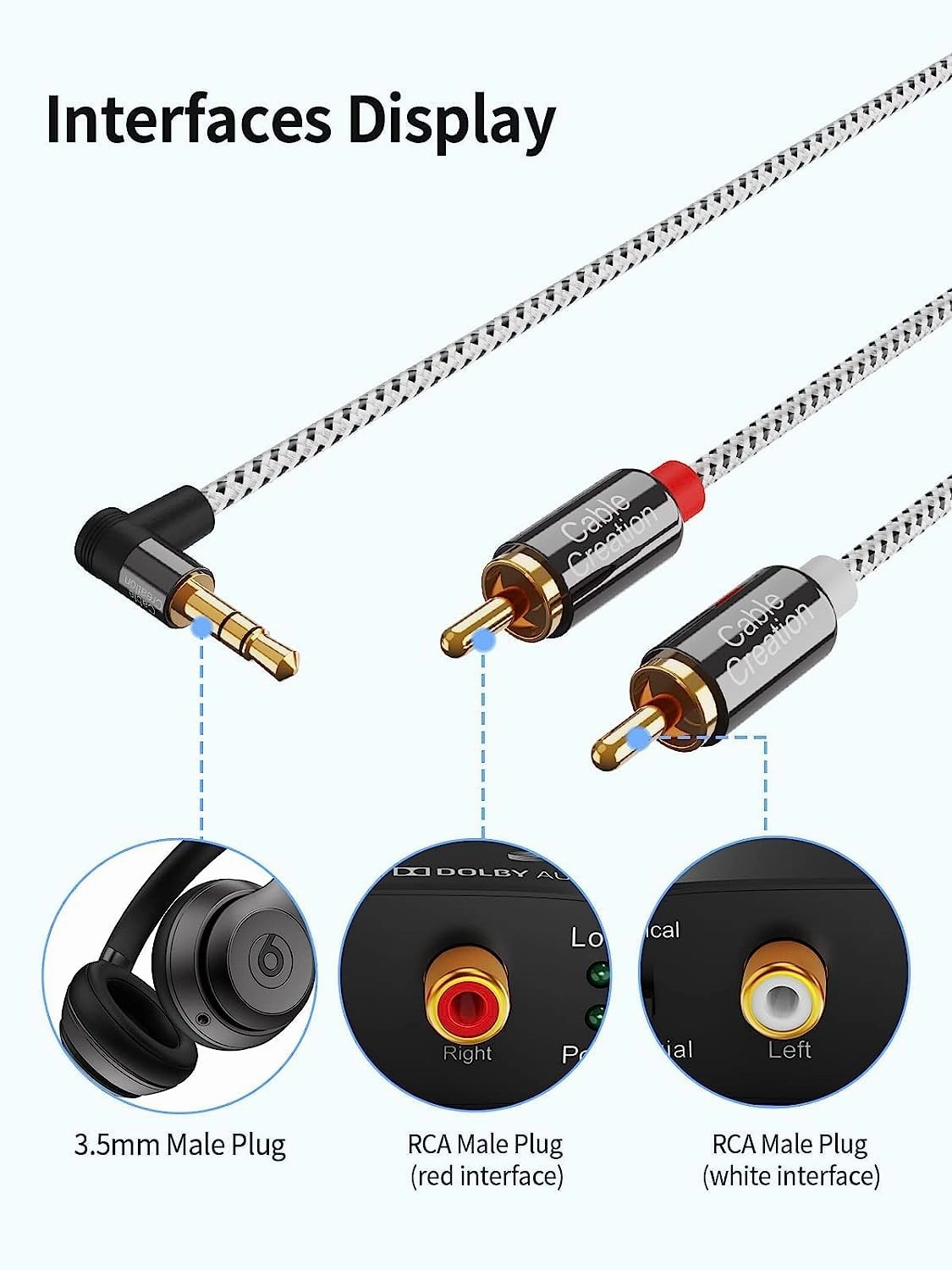CableCreation 3.5mm to RCA Cable, Angle 3.5mm Male to 2RCA Male Auxiliary Stereo Audio Y Splitter Gold-Plated for Smartphones, MP3, Tablets, Speakers,Home Theater,HDTV,6FT/1.8M-2PACK