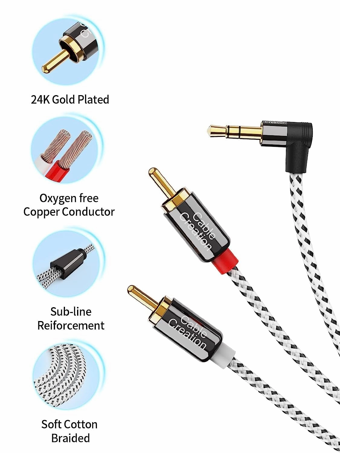 CableCreation 3.5mm to RCA Cable, Angle 3.5mm Male to 2RCA Male Auxiliary Stereo Audio Y Splitter Gold-Plated for Smartphones, MP3, Tablets, Speakers,Home Theater,HDTV,6FT/1.8M-2PACK