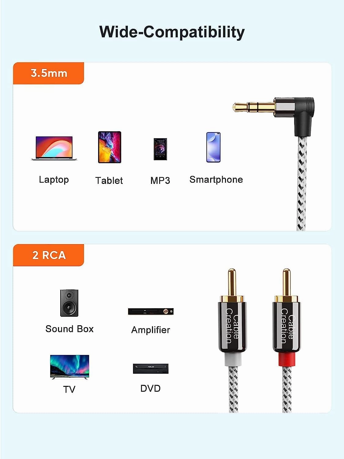 CableCreation 3.5mm to RCA Cable, Angle 3.5mm Male to 2RCA Male Auxiliary Stereo Audio Y Splitter Gold-Plated for Smartphones, MP3, Tablets, Speakers,Home Theater,HDTV,6FT/1.8M-2PACK