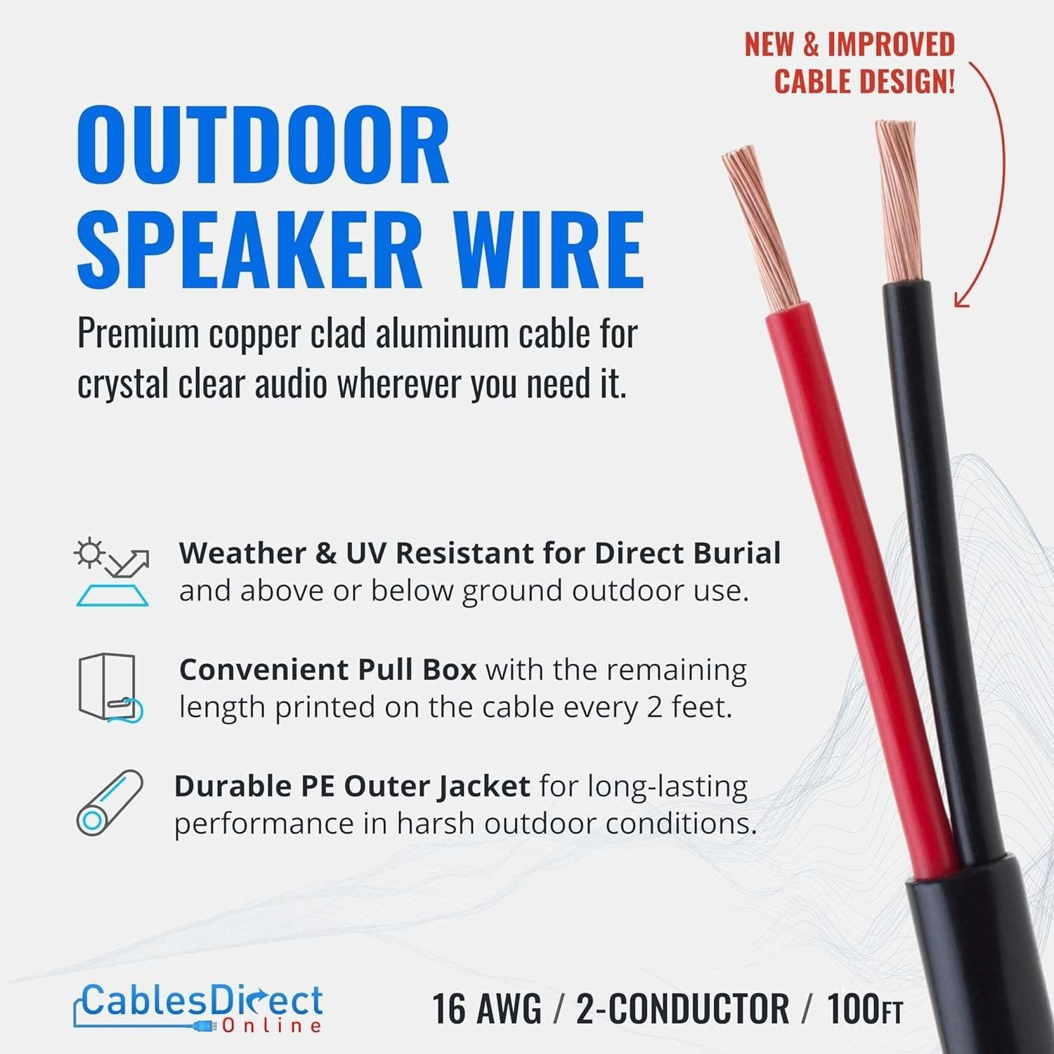 Cables Direct Online Speaker Wire 16 Gauge, 100 ft for Outdoor and Indoor Use, 16/2 CCA (Copper Clad Aluminum) Stranded Bulk Audio Cable, Direct Burial and UV Resistant, New 2025 Model