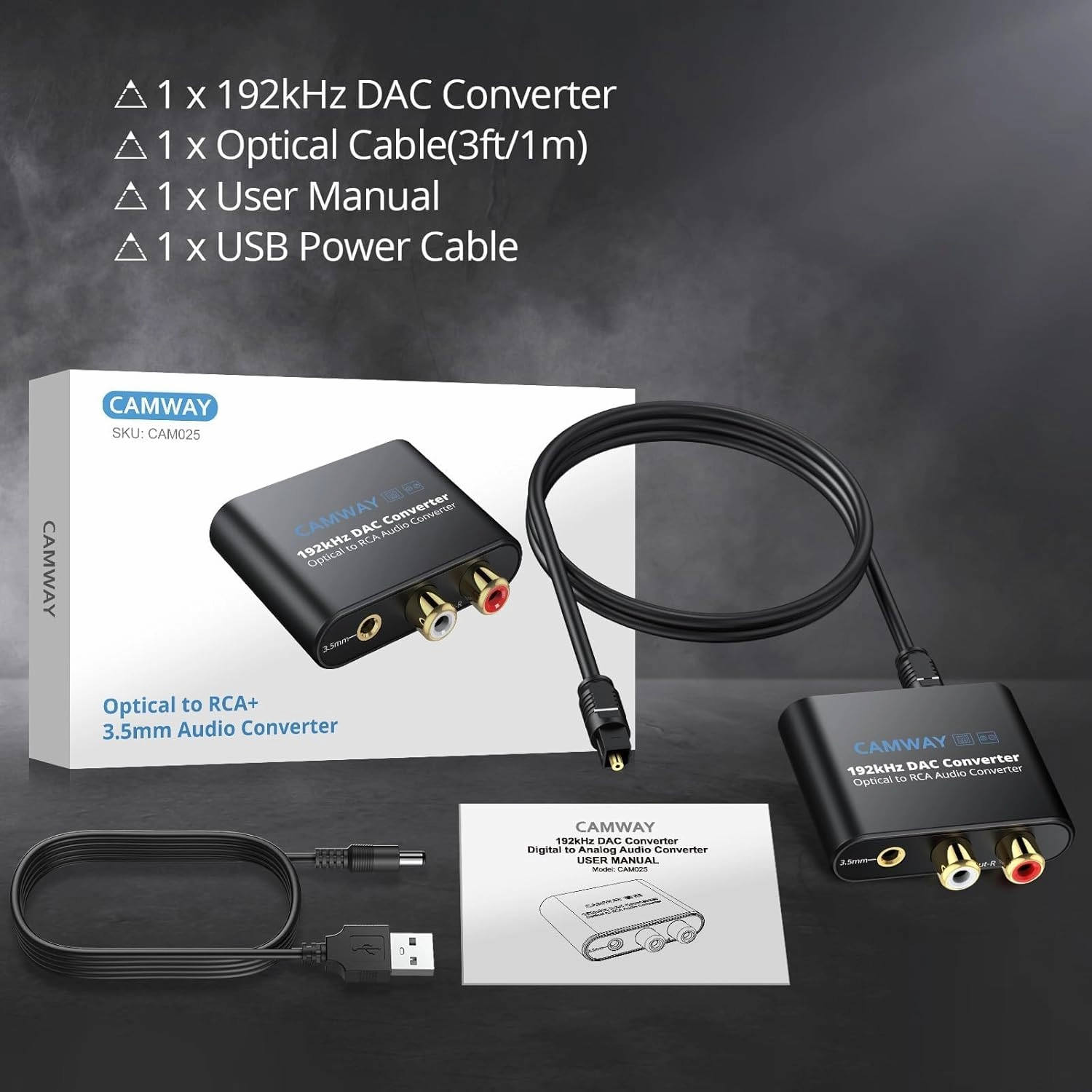 CAMWAY Digital to Analog Converter,192kHz DAC Converter SPDIF/Toslink/Optical to RCA,Optical to 3.5mm Audio Adapter(Not for RCA/3.5mm to Optical)