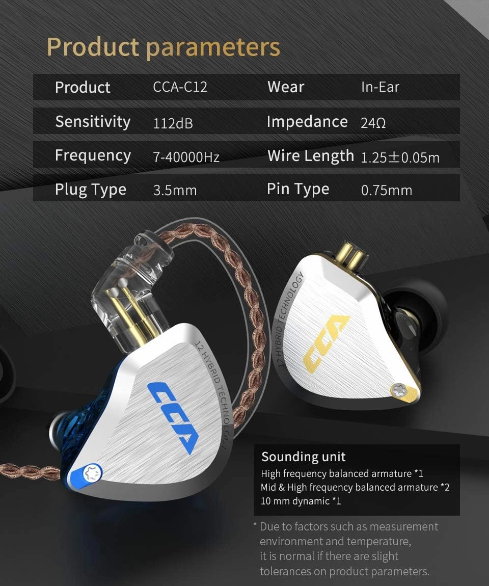 CCA C12 in Ear Monitor Headphones 5BA 1DD Hybrid HiFi IEM Earphones Noise Isolating Stereo Wired Earbuds for Musicians Audiophile Singers DJwith mic