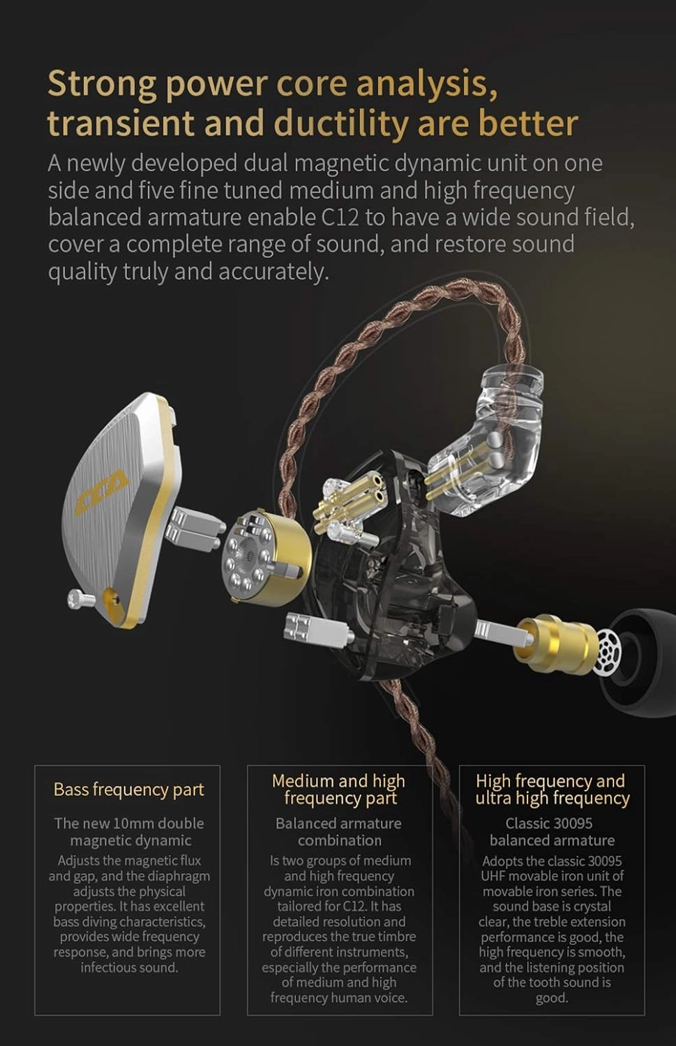 CCA C12 in-Ear Monitors, 5BA 1DD Hybrid HiFi Stereo Noise Isolating IEM Wired Earphones/Earbuds/Headphones with Detachable Tangle-Free Cable 2Pin for Musician Audiophile (Without MIC, Dream Blue)