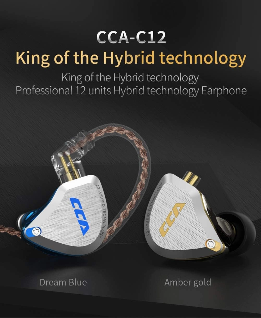 CCA C12 in-Ear Monitors, 5BA 1DD Hybrid HiFi Stereo Noise Isolating IEM Wired Earphones/Earbuds/Headphones with Detachable Tangle-Free Cable 2Pin for Musician Audiophile (Without MIC, Dream Blue)