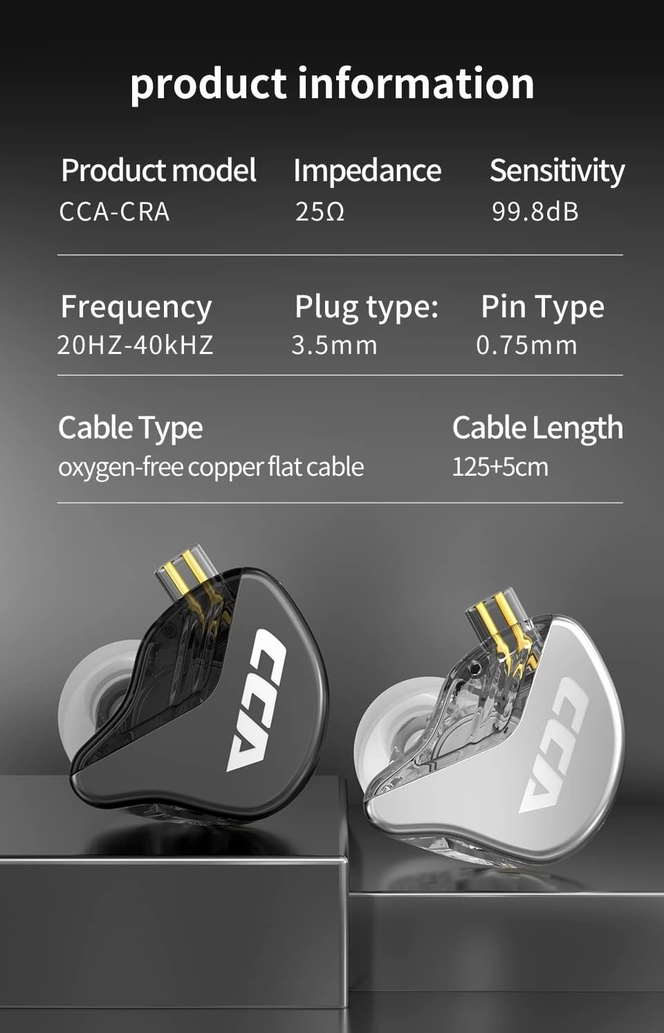 CCA CRA in Ear Monitor, Ultra-Thin Diaphragm Dynamic Driver IEM Earphones, Clear Sound & Deep Bass in Ear Headphones, Wired Gaming Earbuds with 2 Pin Detachable Cable for Singer Musicians Drummers