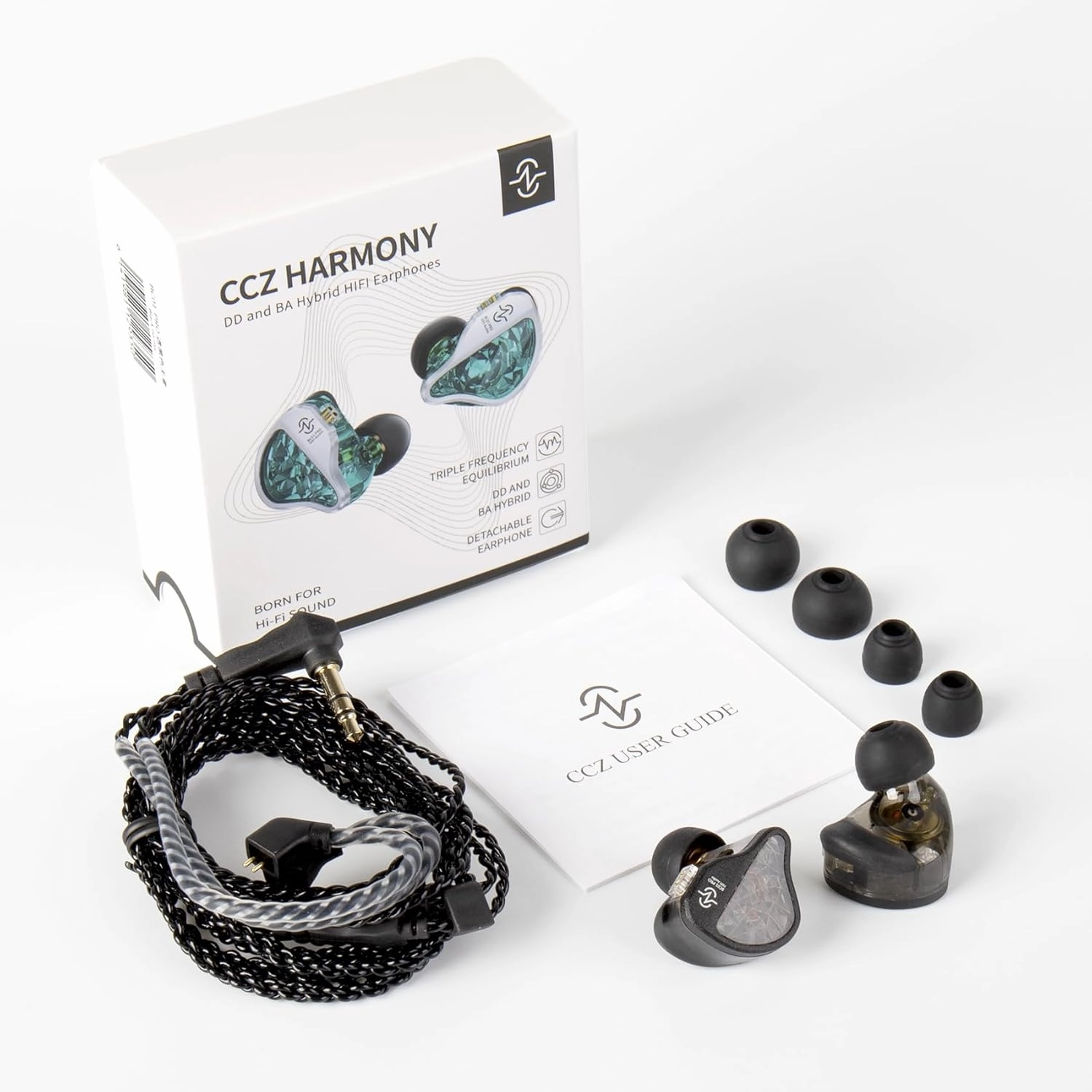 CCZ BC01 Pro in ear Monitors, 1BA 1DD Hybrid Driver iems for Gaming Singers, Professional HiFi Stereo iem Earphones with Noise Canceling, Patented Eartips Earfins, Detachable 2pin Cable (Black no mic)