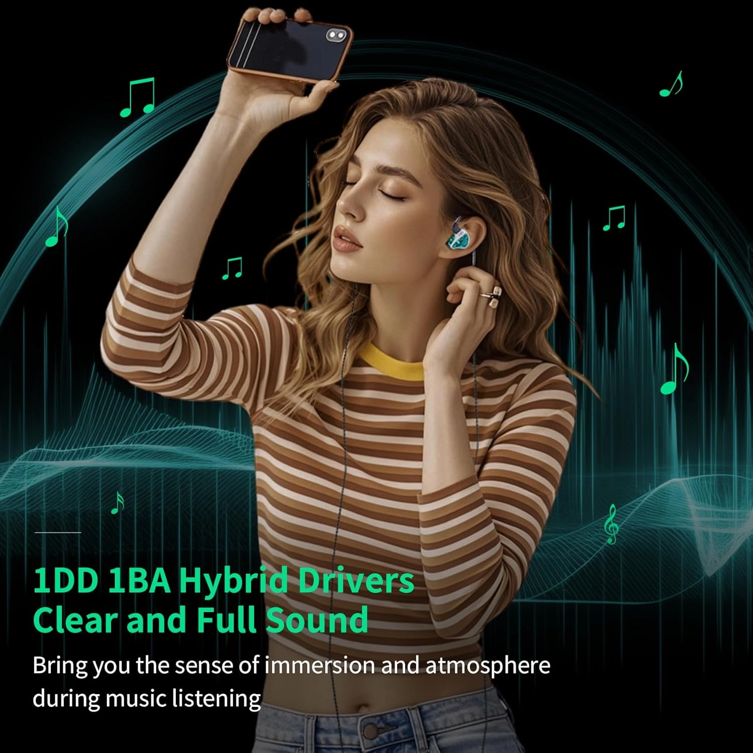 CCZ BC01 Pro in ear Monitors, 1BA 1DD Hybrid Driver iems for Gaming Singers, Professional HiFi Stereo iem Earphones with Noise Canceling, Patented Eartips Earfins, Detachable 2pin Cable (Black no mic)