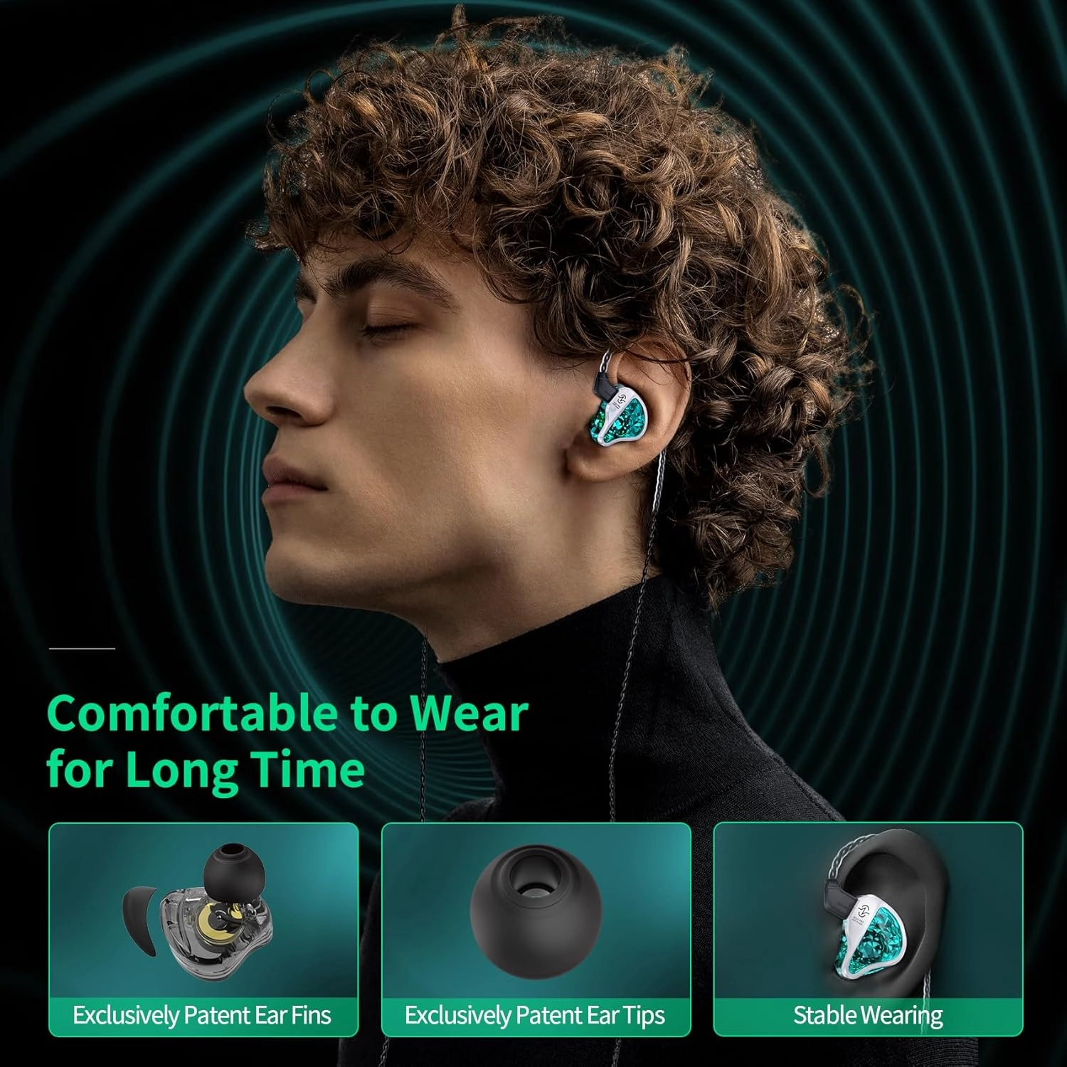 CCZ BC01 Pro in ear Monitors, 1BA 1DD Hybrid Driver iems for Gaming Singers, Professional HiFi Stereo iem Earphones with Noise Canceling, Patented Eartips Earfins, Detachable 2pin Cable (Black no mic)