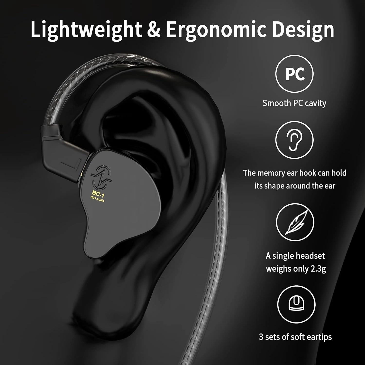 CCZ Yinyoo Melody in Ear Monitors Earphones Headphones Wired Earbuds without Microphone IEM HIFI Bass with 1DD 1BA, Ear fins, 4N OFC Cable for Musicians, Singer, on Stage, Studio (no mic, clear black)