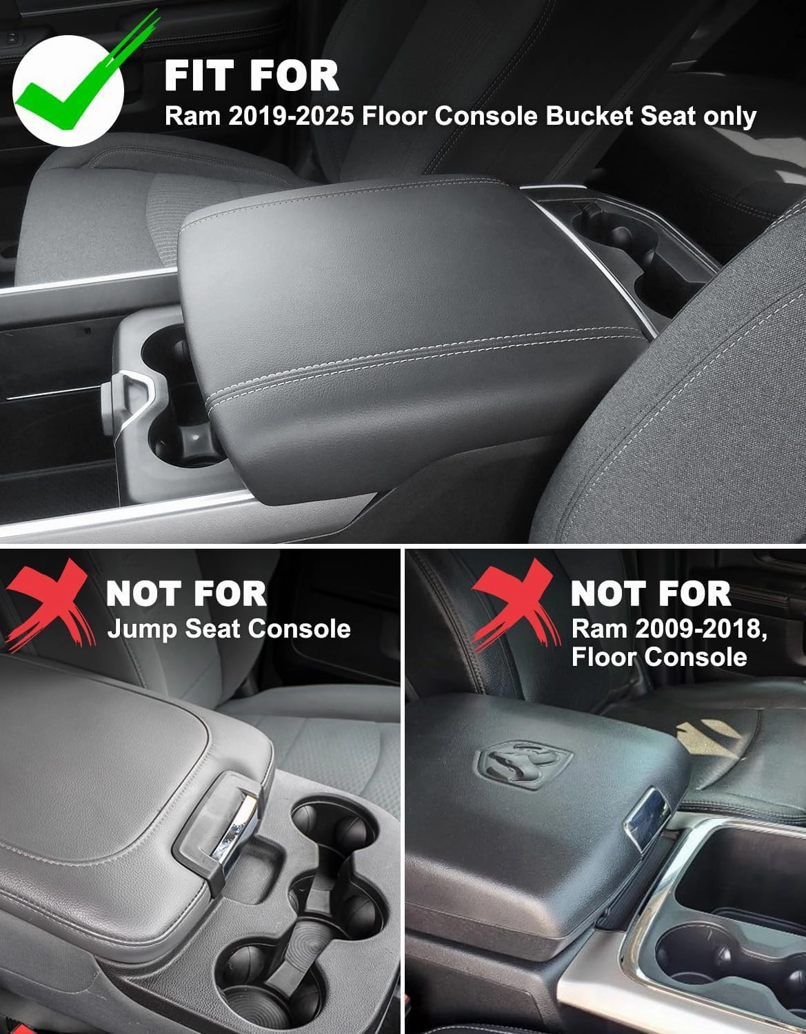 Center Console Cover for 2019-2025 Dodge RAM 1500 2500 3500 Accessories, PU Leather Middle Console Cover Pad, Floor Console Bucket Seat Only, Anti-Scratch, Black