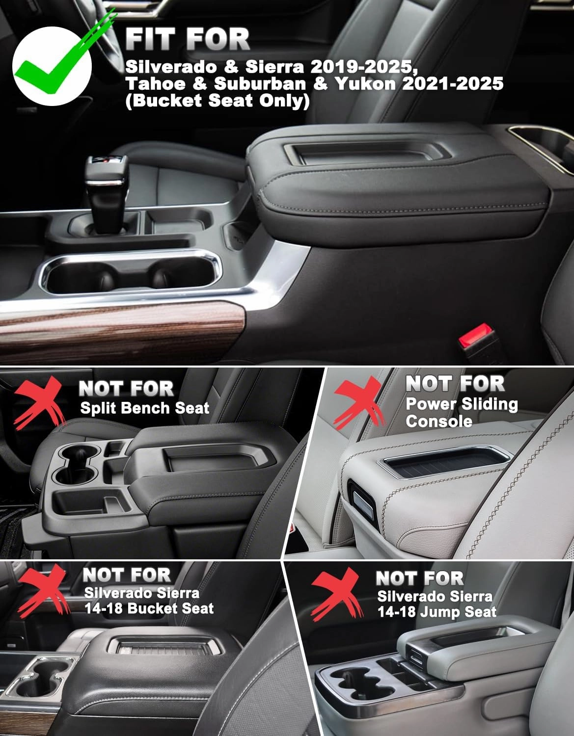 Center Console Cover for Chevy Silverado 1500 Accessories & GMC Sierra 2019-2025, Yukon & Tahoe & Suburban 2021-2025, Vinyl Armrest Middle Console Cover, Bucket Seat Only, Scratchproof