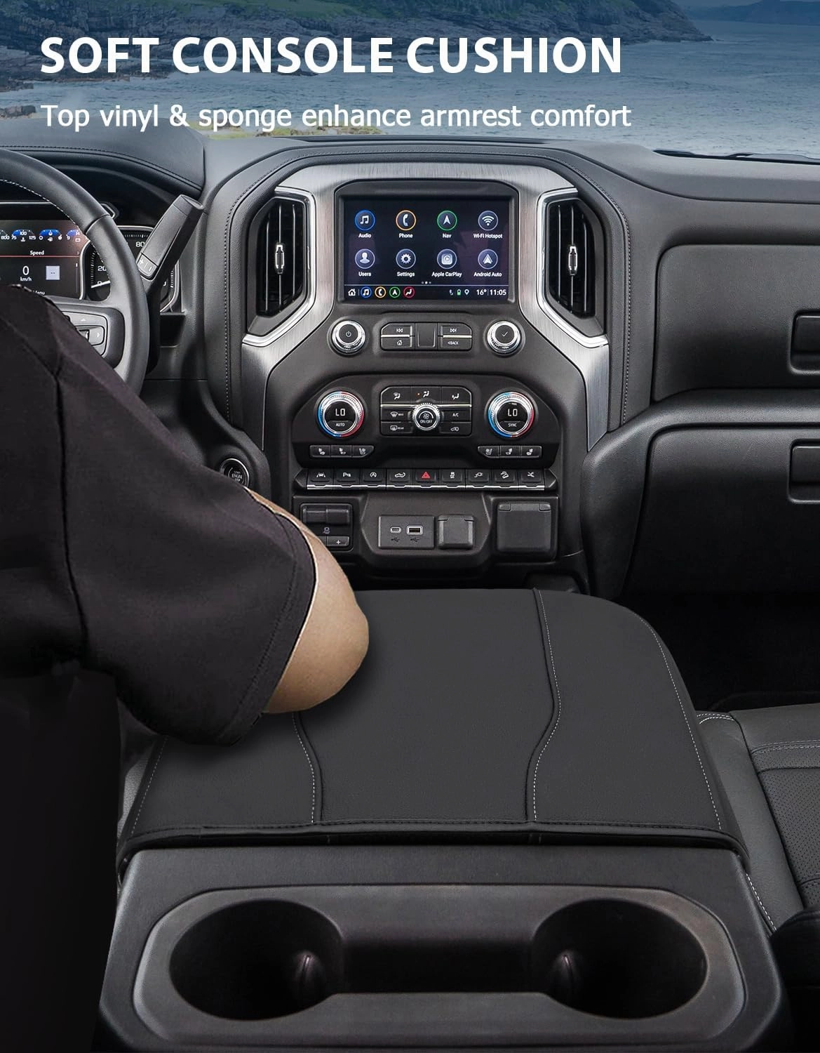 Center Console Cover for Chevy Silverado 1500 Accessories & GMC Sierra 2019-2025, Yukon & Tahoe & Suburban 2021-2025, Vinyl Armrest Middle Console Cover, Bucket Seat Only, Scratchproof