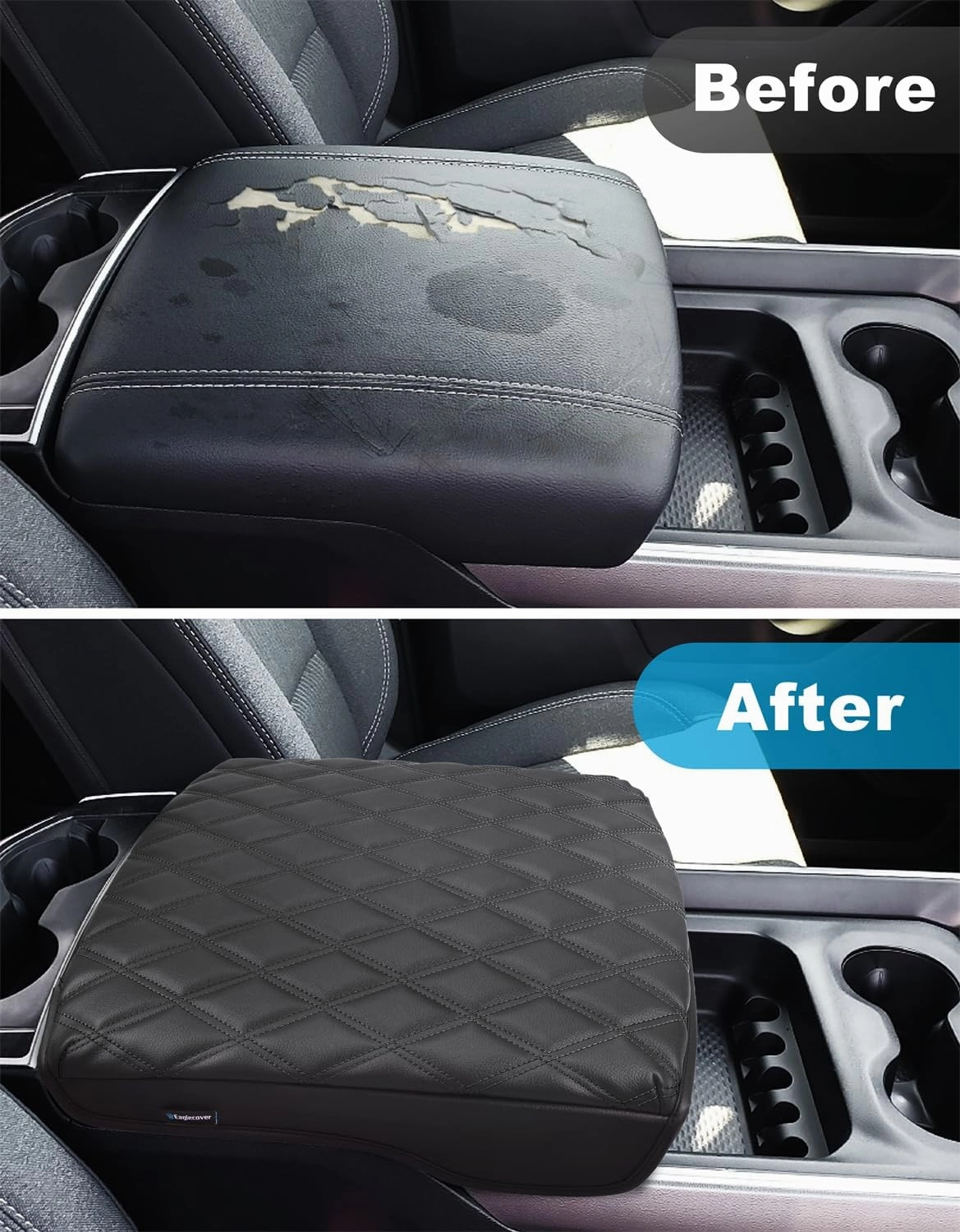 Center Console Cover for Dodge Ram 1500 2019-2025, Bucket Seat, Vinyl Leather Interior Accessories, Car Armrest Cushion Pad, Anti-Scratch, Black