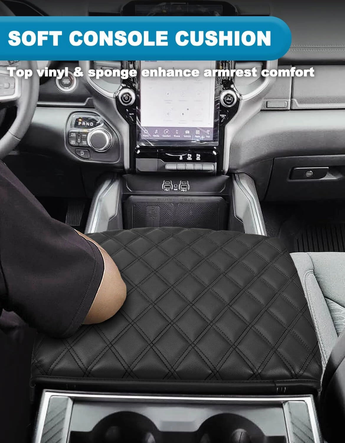 Center Console Cover for Dodge Ram 1500 2019-2025, Bucket Seat, Vinyl Leather Interior Accessories, Car Armrest Cushion Pad, Anti-Scratch, Black
