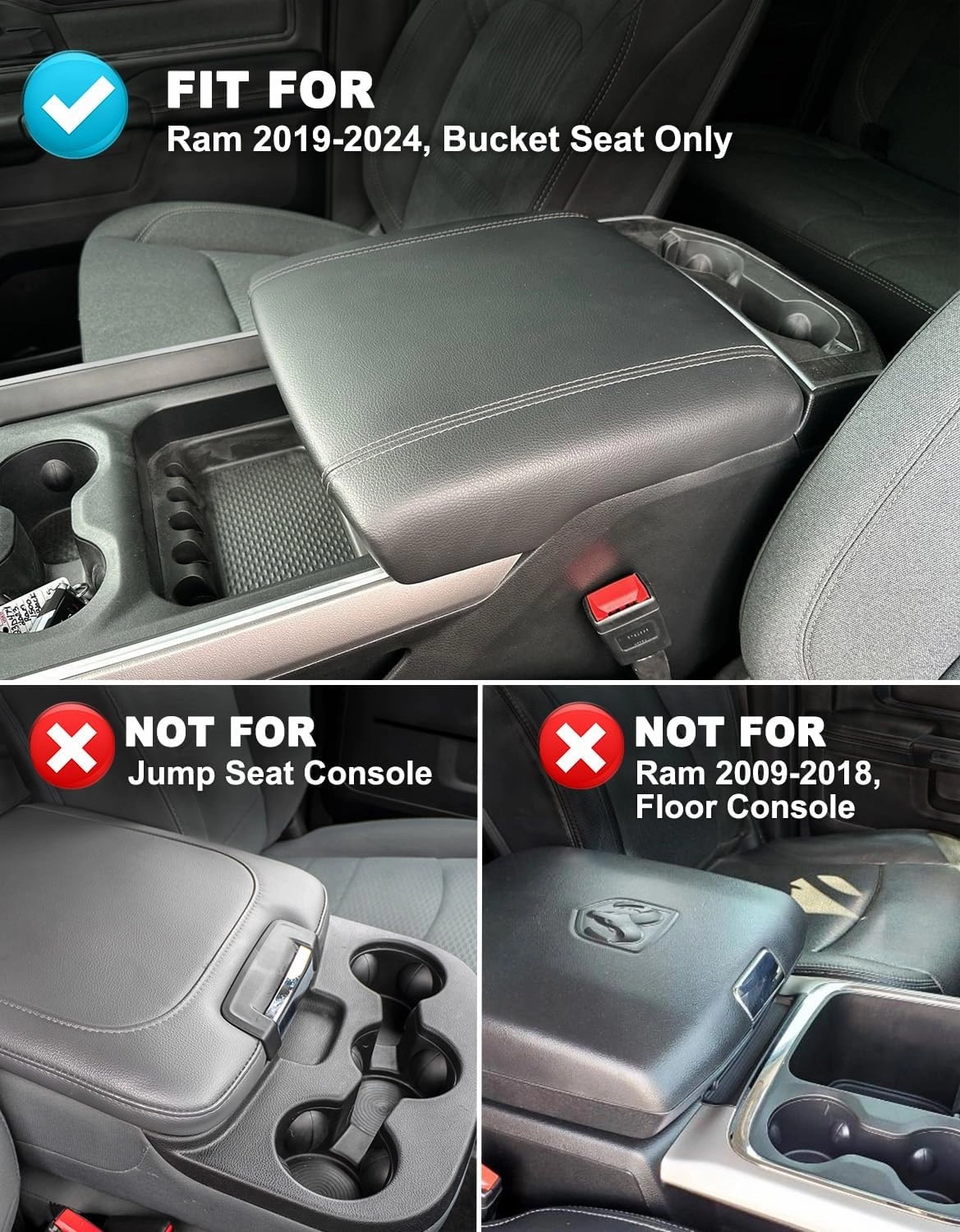 Center Console Cover for Dodge Ram 1500 2019-2025, Bucket Seat, Vinyl Leather Interior Accessories, Car Armrest Cushion Pad, Anti-Scratch, Black-Blue Stitch