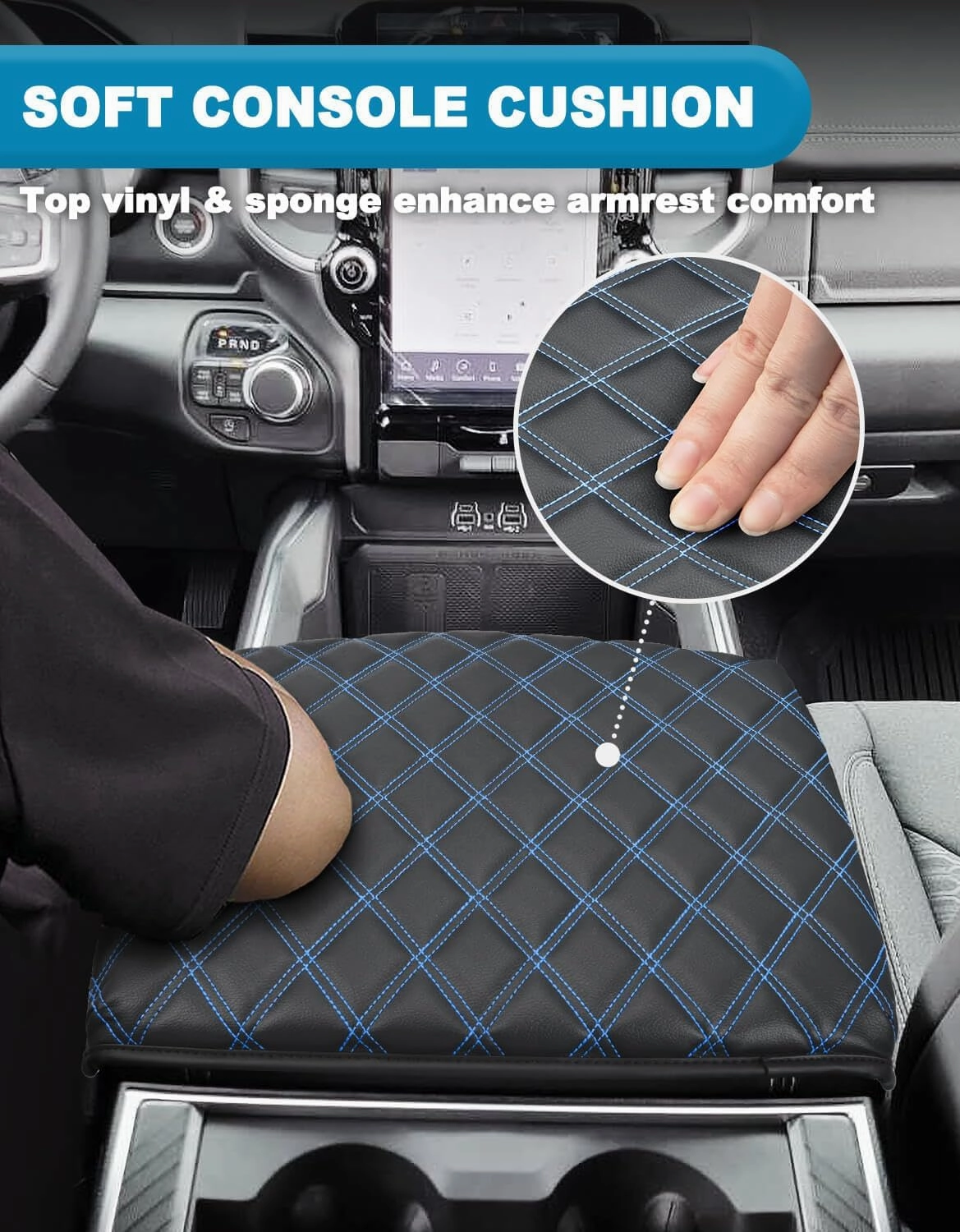 Center Console Cover for Dodge Ram 1500 2019-2025, Bucket Seat, Vinyl Leather Interior Accessories, Car Armrest Cushion Pad, Anti-Scratch, Black-Blue Stitch