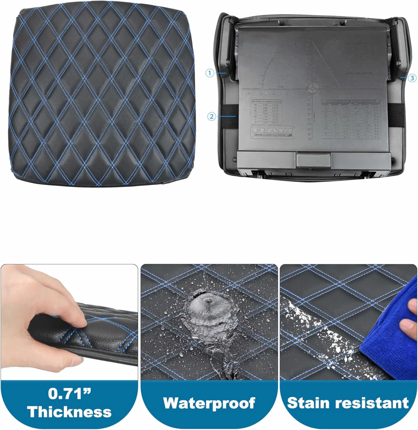 Center Console Cover for Dodge Ram 1500 2019-2025, Bucket Seat, Vinyl Leather Interior Accessories, Car Armrest Cushion Pad, Anti-Scratch, Black-Blue Stitch
