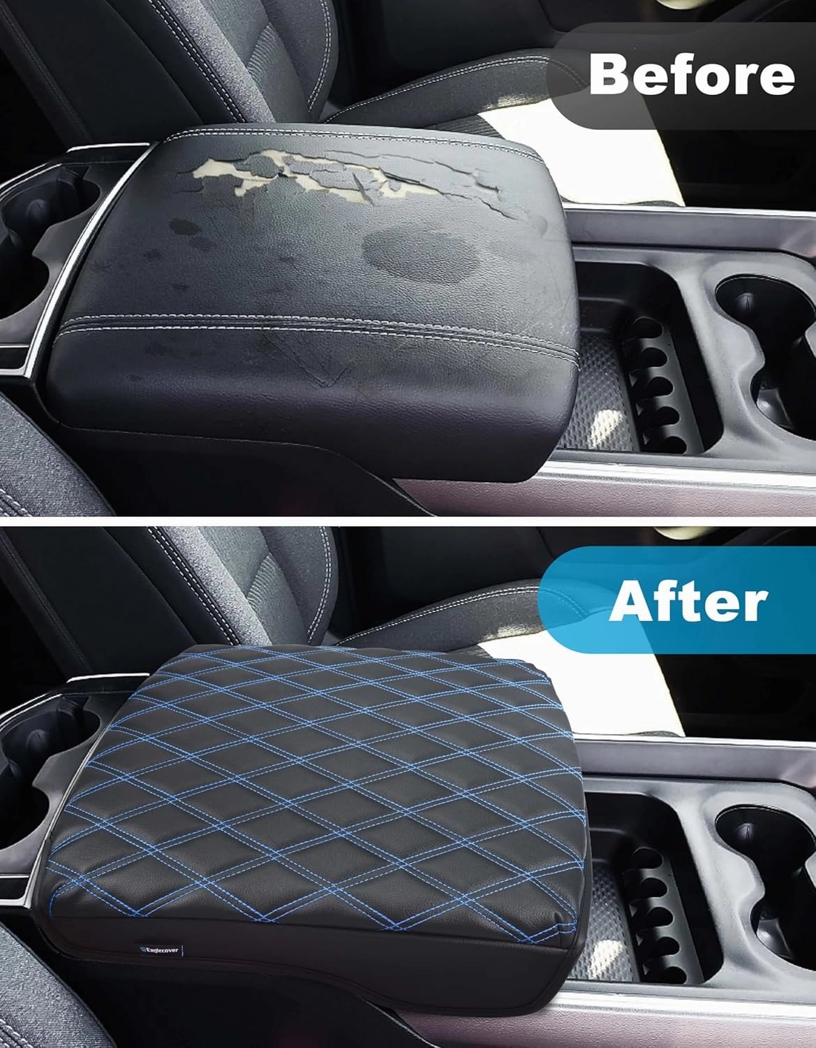Center Console Cover for Dodge Ram 1500 2019-2025, Bucket Seat, Vinyl Leather Interior Accessories, Car Armrest Cushion Pad, Anti-Scratch, Black-Blue Stitch