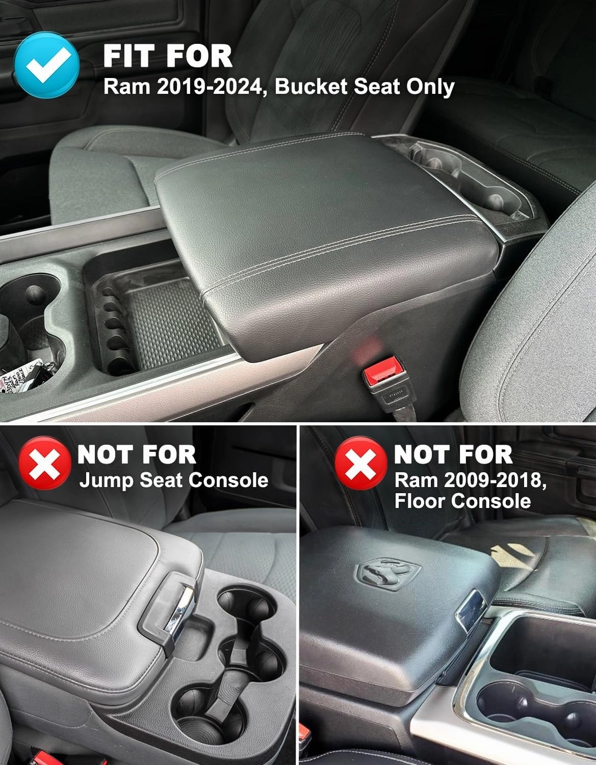 Center Console Cover for Dodge Ram 1500 2019-2025, Bucket Seat, Vinyl Leather Interior Accessories, Car Armrest Cushion Pad, Anti-Scratch, Black