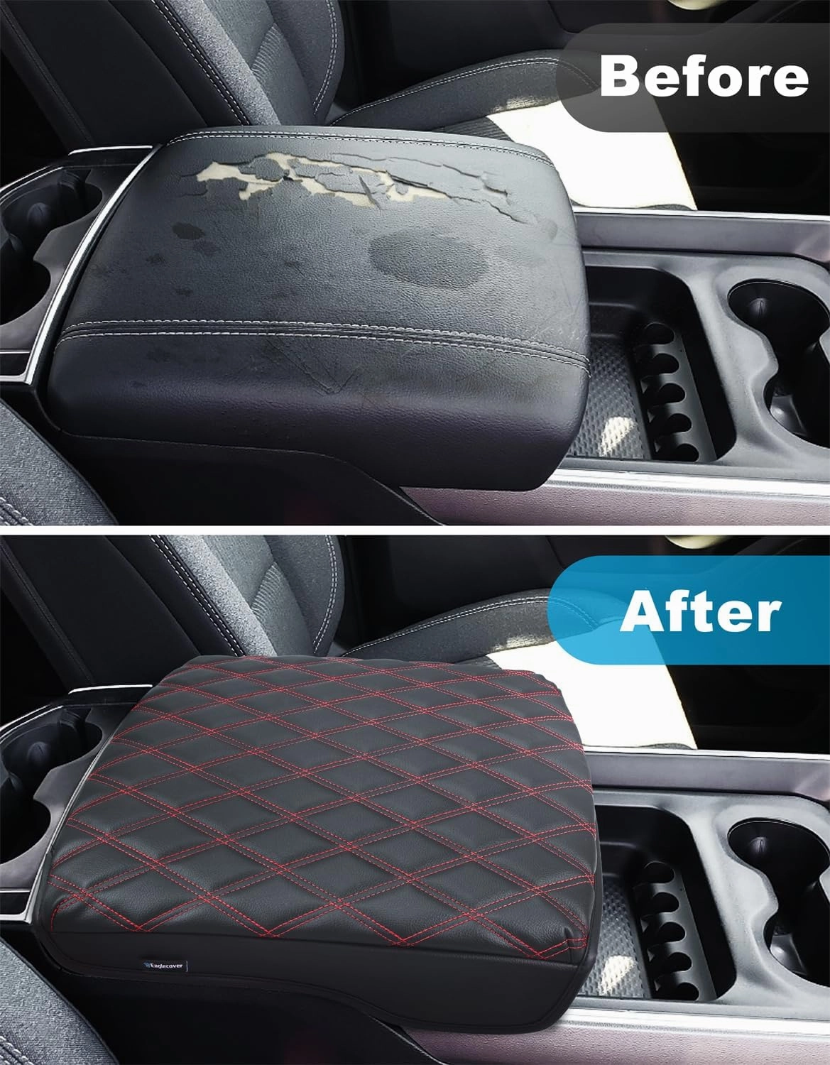 Center Console Cover for Dodge Ram 1500 2019-2025, Bucket Seat, Vinyl Leather Interior Accessories, Car Armrest Cushion Pad, Anti-Scratch, Black-Red Stitch