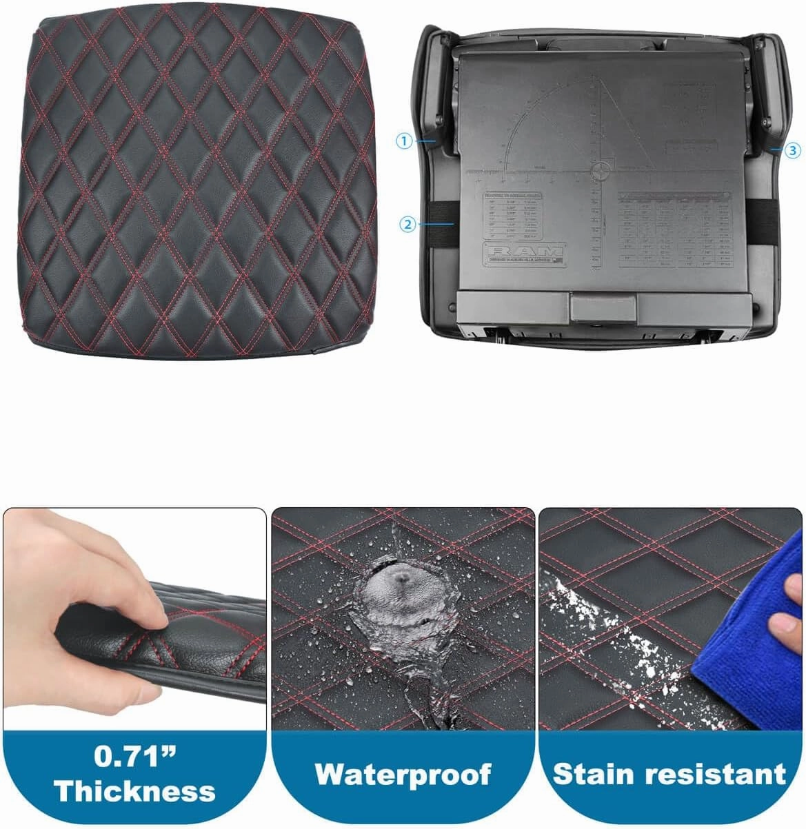 Center Console Cover for Dodge Ram 1500 2019-2025, Bucket Seat, Vinyl Leather Interior Accessories, Car Armrest Cushion Pad, Anti-Scratch, Black-Red Stitch