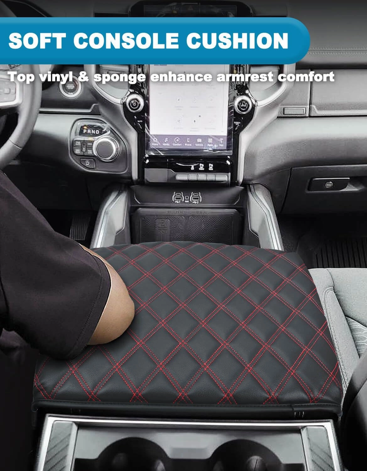 Center Console Cover for Dodge Ram 1500 2019-2025, Bucket Seat, Vinyl Leather Interior Accessories, Car Armrest Cushion Pad, Anti-Scratch, Black-Red Stitch