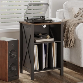 ChooChoo Record Player Stand with Vinyl Storage, Turntable Stand with Charging Station, Record Storage Cabinet, End Side Table for Living Room, Bedroom, Black vinyl storage,record holder,LP organizer,