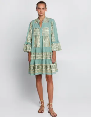 Classic Triangle Long Sleeve Mini Dress - Sea Green and Gold
