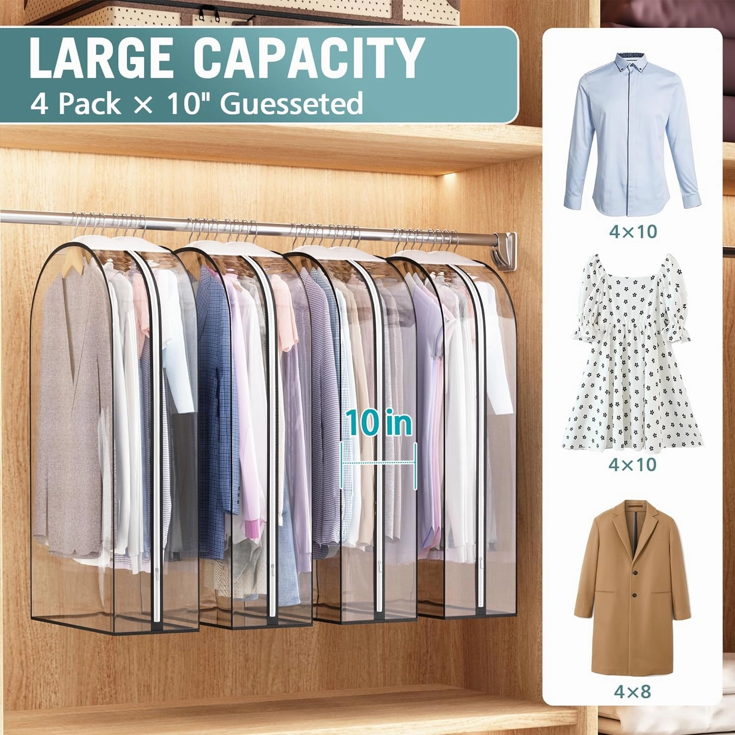 Clear Garment Bags for Hanging Clothes 10 Gusseted, Suit Bags for Closet Storage, Hanging Plastic Clothes Cover for Coat, Dress, Fur, Shirt, 4 Pack, 40 Long