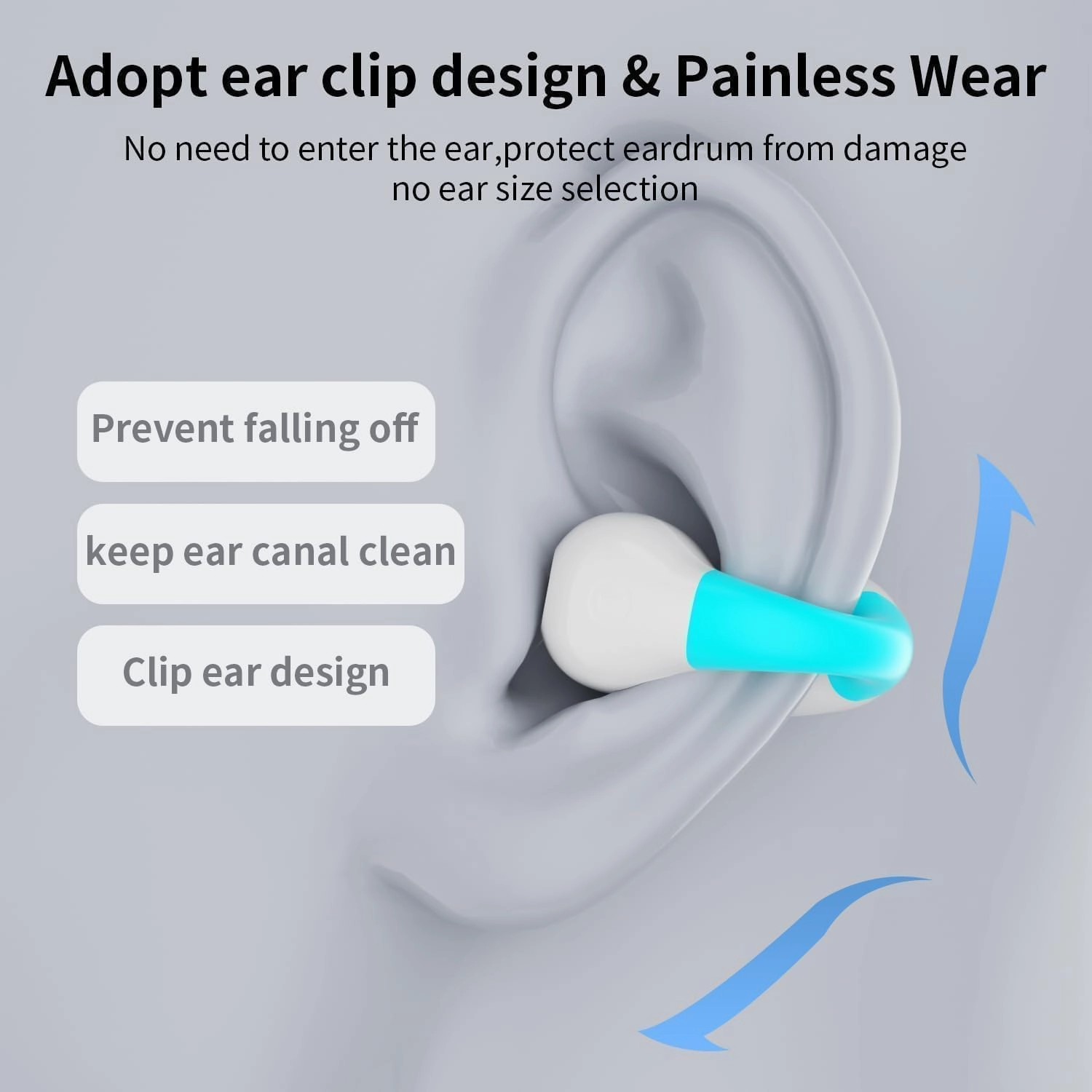 Clip On Earbuds,True Wireless Bluetooth 5.3 Lightweight Comfort Bone Conduction Open Ear Headphones with LED Digital Display Charging Case Sport Built-in Mic IPX7 Waterproof for Running Fitness, Blue