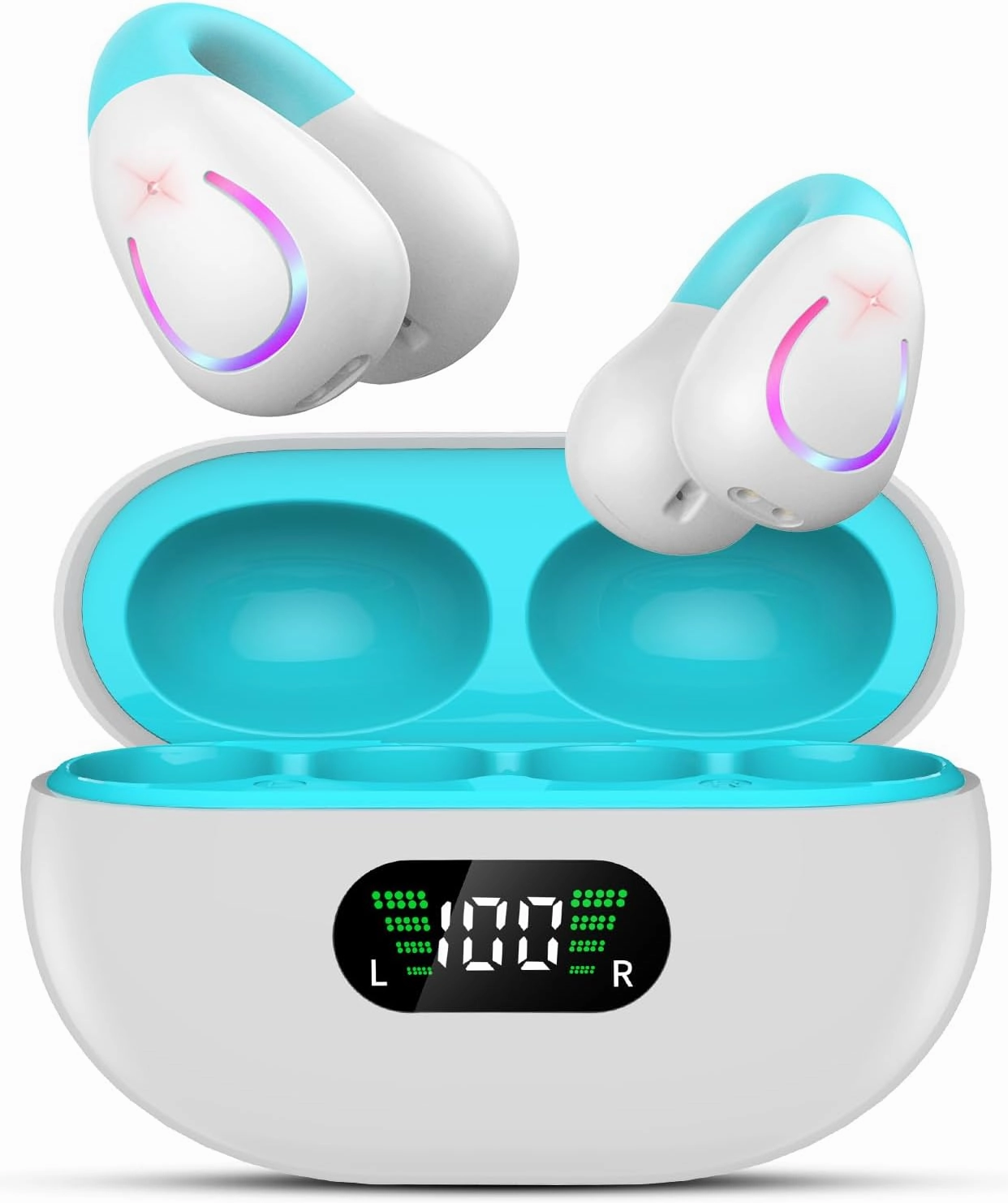 Clip On Earbuds,True Wireless Bluetooth 5.3 Lightweight Comfort Bone Conduction Open Ear Headphones with LED Digital Display Charging Case Sport Built-in Mic IPX7 Waterproof for Running Fitness, Blue wireless earbuds,Bluetooth earphones,true wireless stere