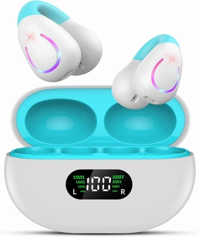 Clip On Earbuds,True Wireless Bluetooth 5.3 Lightweight Comfort Bone Conduction Open Ear Headphones with LED Digital Display Charging Case Sport Built-in Mic IPX7 Waterproof for Running Fitness, Blue wireless earbuds,Bluetooth earphones,true wireless stere